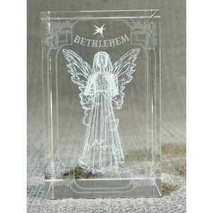 Holographic Angel  Bethlehem Etched Crystal Glass Cubed Paperweight